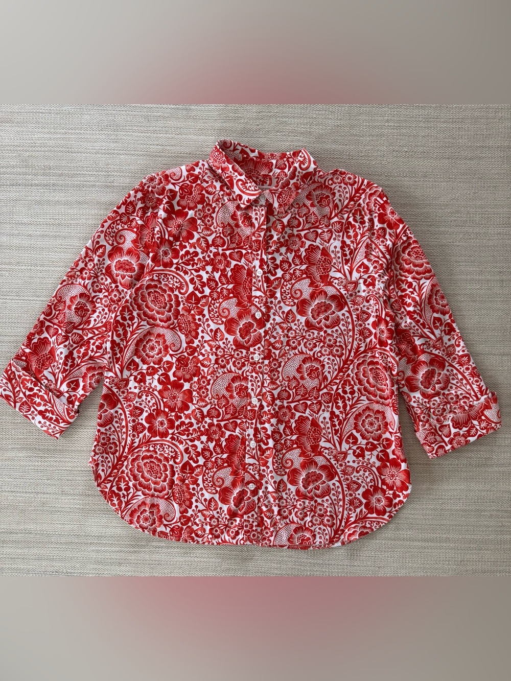 Chico’s red floral button front shirt top 3/4 flip cuff sleeve women’s 12